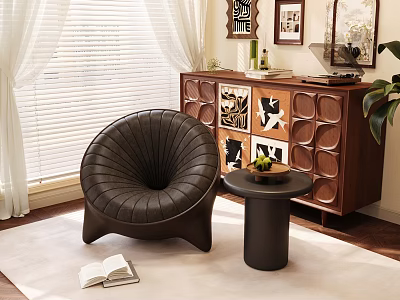 Dark Brown Leather Single Sofa With Curved Design Small Round Side Table And Green Plant 3d model