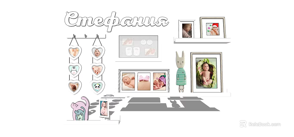 Cute Photo Wall Design With Baby Photos Heart Shaped Frames And Rabbit Doll 3d model 