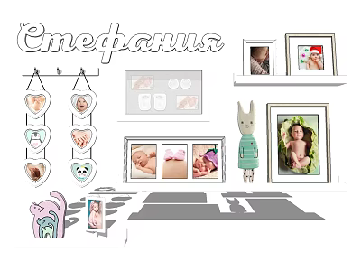 Cute Photo Wall Design With Baby Photos Heart Shaped Frames And Rabbit Doll 3d model