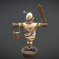 Scarecrow Figure Holding Wooden Sword With Quiver And Bucket On Wooden Stump