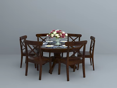 Elegant Round Dining Table Set With Wooden Chairs Flower Bouquet And Tableware 3d model