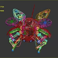 Red Mechanical Spider Sculpture With Large Yellow Eye And Metal Wheels