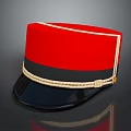 Red Black Military Style Cap Featuring Gold Trim and Shiny Black Brim