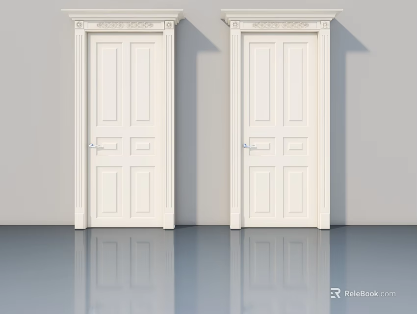 Two White Hinged Doors With Decorative Frames Against Gray Wall And Polished Floor 3d model