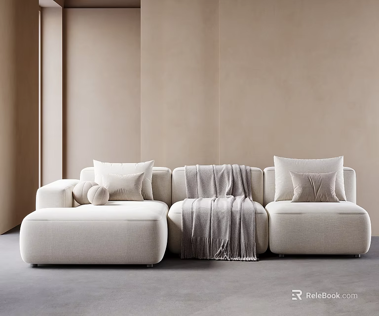 Beige Sectional Sofa With Soft Pillows And Throw Blanket In Minimalist Interior 3d model