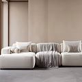 Beige Sectional Sofa With Soft Pillows And Throw Blanket In Minimalist Interior 3d model