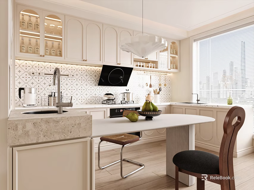 Modern Kitchen Interior With White Cabinets Marble Island Pendant Light And City View 3d model 