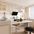 Modern Kitchen Interior With White Cabinets Marble Island Pendant Light And City View