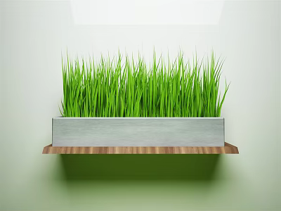 Green Grass Potted Plant In Metal Planter On Wooden Shelf Light Wall Background 3d model