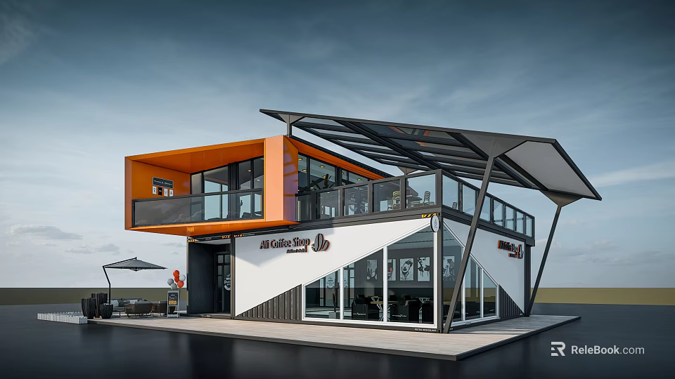 Modern Commercial Building Exterior With Orange White Walls Glass Windows Balcony And Coffee Shop Signboard 3d model 