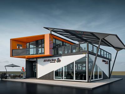 Modern Commercial Building Exterior With Orange White Walls Glass Windows Balcony And Coffee Shop Signboard 3d model