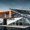 Modern Commercial Building Exterior With Orange White Walls Glass Windows Balcony And Coffee Shop Signboard