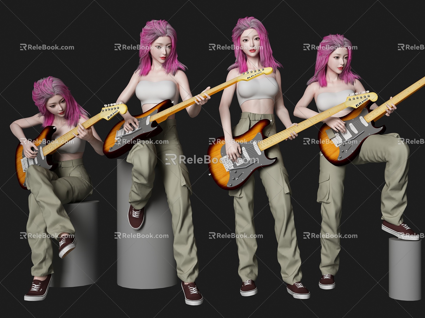 guitarist musician playing electronic guitar cello band figure bar resident singing hair dyed figure overalls woman 3d model