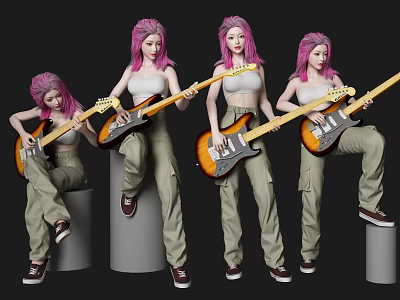 Woman With Pink Hair White Top And Khaki Pants Playing Electric Guitar In Various Poses 3d model