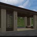 Modern Garden Pergola With Carved Screens Stone Columns And Green Landscape