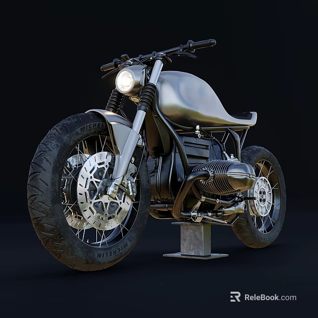 Silver Classic Motorcycle With Black Seat And Metal Stand On Black Background 3d model 