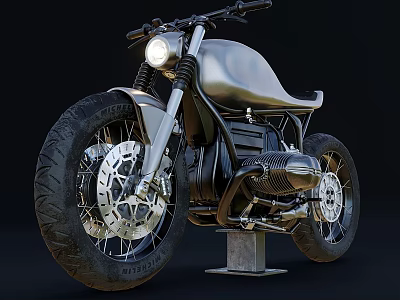 Silver Classic Motorcycle With Black Seat And Metal Stand On Black Background 3d model