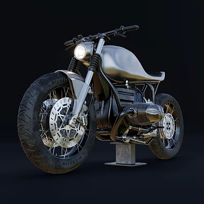 Silver Classic Motorcycle With Black Seat And Metal Stand On Black Background 3d model