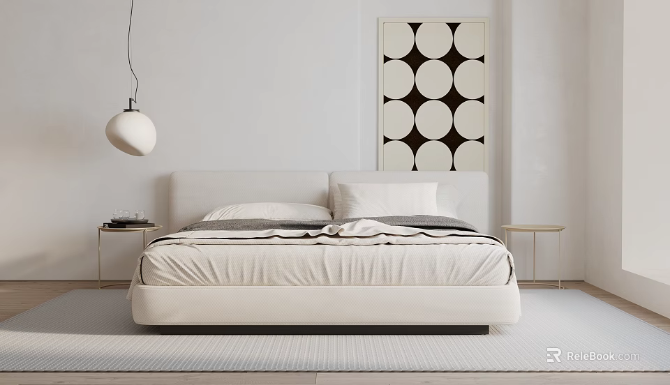 Modern Minimalist Double Bed With White Headboard Gray Bedding Nightstands And Circular Wall Art 3d model 
