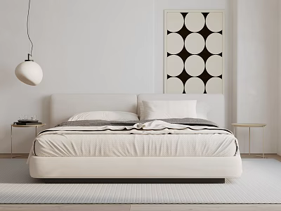 Modern Minimalist Double Bed With White Headboard Gray Bedding Nightstands And Circular Wall Art 3d model