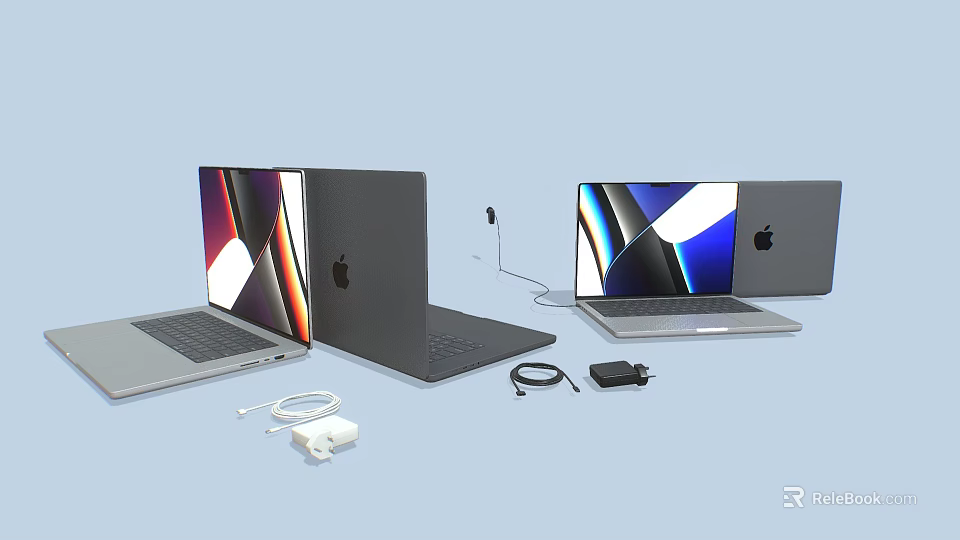 Modern Laptop Screens Open Closed With Charger And Cable Accessories 3d model 