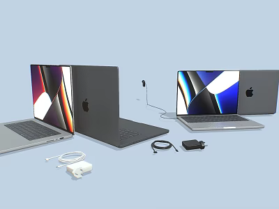 Modern Laptop Screens Open Closed With Charger And Cable Accessories 3d model