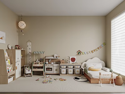 Cozy Kids Room Interior Design With Bed Toys Bookshelf Decorative Flags And Soft Rug 3d model