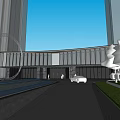 Modern Sales Office Building With Curved Glass Curtain Wall And Landscaped Water Feature