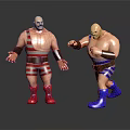 Two Muscular Wrestlers In Striped Outfits With Red And Blue Boots On Reflective Floor