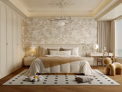 Elegant Bedroom Interior with Patterned Wallpaper Chandelier Bedside Table and Cozy Rug 3d model