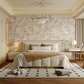 Elegant Bedroom Interior with Patterned Wallpaper Chandelier Bedside Table and Cozy Rug