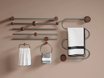 Bathroom Accessories Featuring Metal Towel Racks With Wooden Knobs And Hanging Towels 3d model