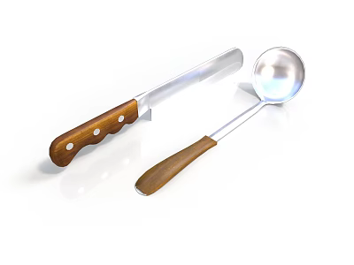 Practical Kitchen Utensils With Wooden Handles And Stainless Steel Parts 3d model