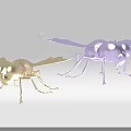 Golden and Purple Insect Creatures With Shiny Wings and Long Legs On White Surface