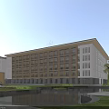 Modern School Building With Multiple Floors Large Windows Front Pond Green Lawn And Trees