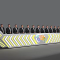 Men in Suits Standing Behind Long Table With World Map and Yellow White Stripe Decor