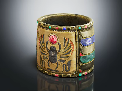 Ornate Golden Cuff Bracelet With Scarab Beetle Design Colorful Gemstones And Detailed Patterns 3d model
