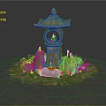 Japanese Stone Lantern Garden Scene With Moss Candles Stones And Green Plants
