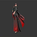 3D Character Costume Design With Black Red Robe Red Flowing Ribbons And Gem Accents