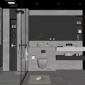 Modern Bathroom With Open Shower Large Mirror Wall Mounted Toilet Vanity And Plants