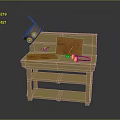 Light Wooden Children's Desk With Red Schoolbag Orange Notebook Colorful Crayons And Two Shelves