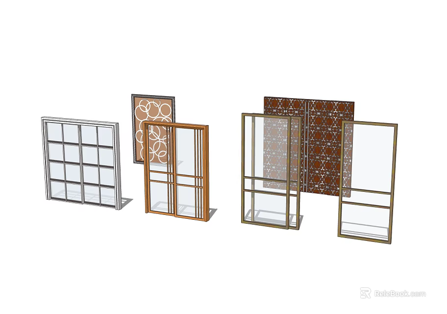 Stylish Sliding Doors With Various Designs White Brown And Gold Frames Clear And Patterned Glass 3d model 