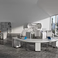 Modern White Office Desks With Ergonomic Chairs And Shelves In Bright Room With City Windows
