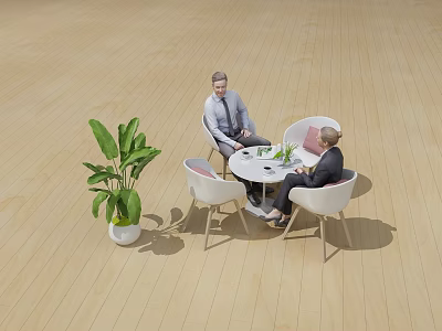Two People Sitting At Round Table With White Chairs And Green Plant On Wooden Floor 3d model