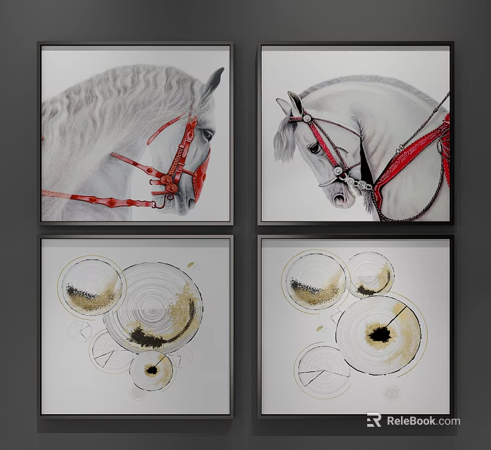 Animal Paintings of White Horses With Red Bridles Framed Artwork for Wall Decor 3d model 