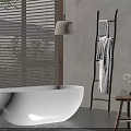 Minimalist Bathroom Interior with Freestanding White Bathtub Wooden Towel Ladder and Window Blinds