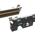 Modern Brown and Black Reception Desks With Golden Accents Computer Monitors and Pink Flower Vases