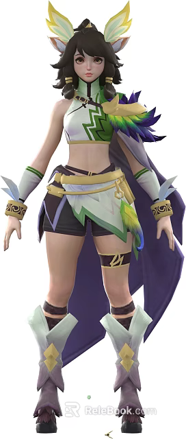 Game Anime Character In Shorts With Golden Belt Feather Decorations Arm Cuffs And Purple Cape 3d model 