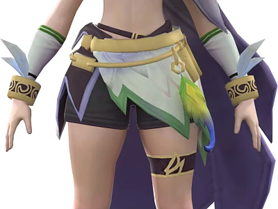 Game Anime Character In Shorts With Golden Belt Feather Decorations Arm Cuffs And Purple Cape 3d model