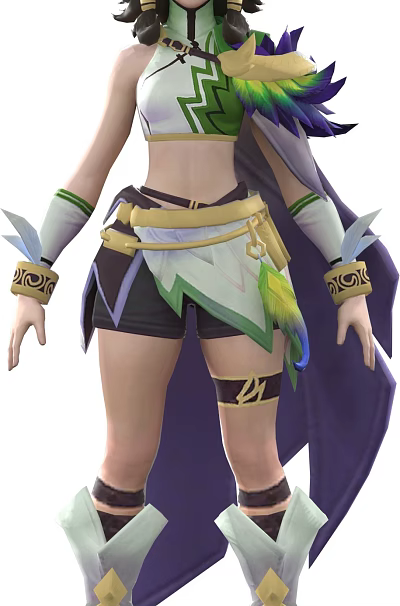 Game Anime Character In Shorts With Golden Belt Feather Decorations Arm Cuffs And Purple Cape 3d model